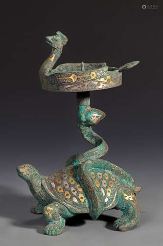 Gold and Silver Inlaying Bronze Turtle-Form Lamp