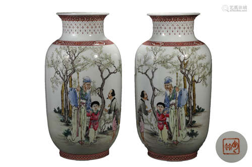 Pair of Famille Rose Figure Lantern-Form Vases, Wang Qi