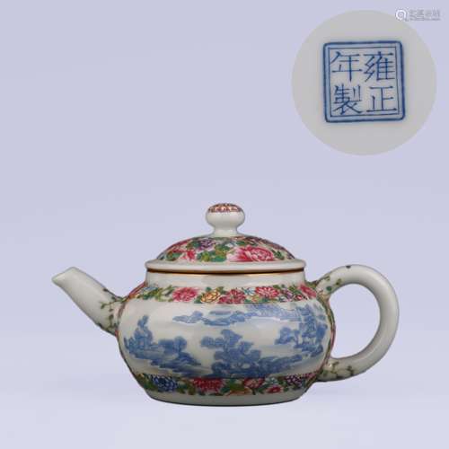 Famille Rose Landscape and Flower Tea Pot