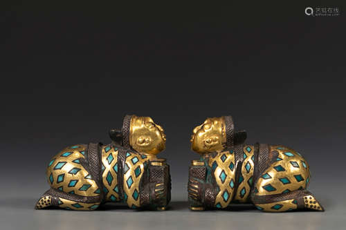 Pair of Gold Inlaying Bronze Figures