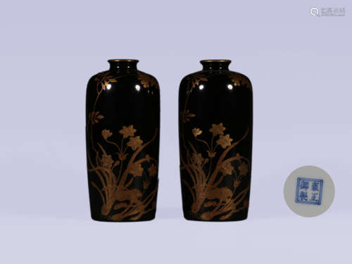 Pair of Black Glaze and Gilt Decorated Flower Vases