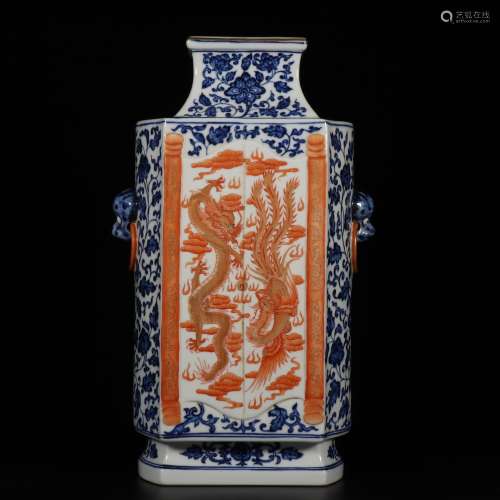 Blue, white and red square bottle