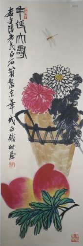 Ink Painting Of Peach And Chrysanthemum - Qi Bai Shi Shou Ta...