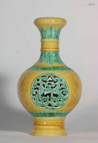 Yellow Glazed Porcelain Green Color Hollowed Carving 