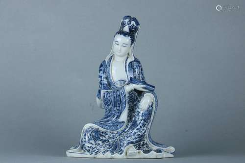 Qing Dynasty Blue And White Porcelain Guanyin Sitting Statue...