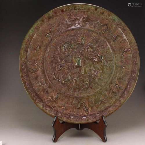 Old Chinese Sea Beast Grape Design Big Bronze Mirror
