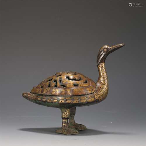 A CHINESE BRONZE PAINTED GLOD AND SILVER INCENSE CAGE