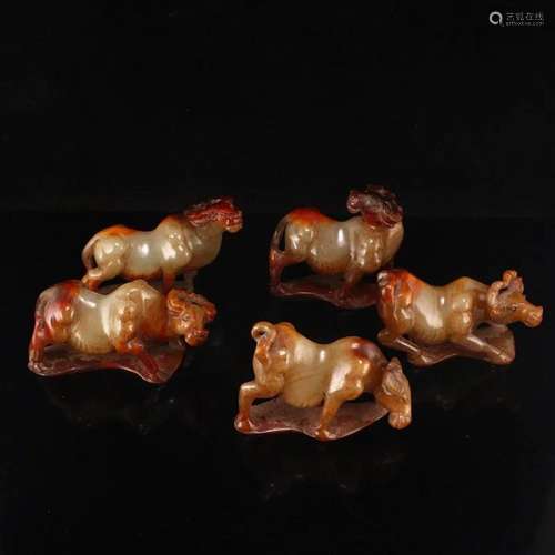 Superb Vintage Chinese Hetian Jade Five Ox Statues