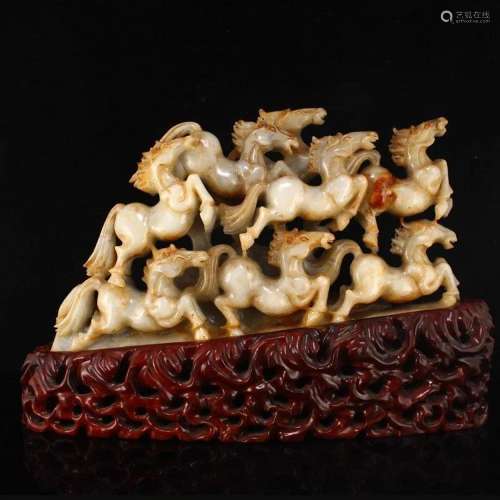 Chinese Qing Dy Hetian Jade Eight Horses Statue