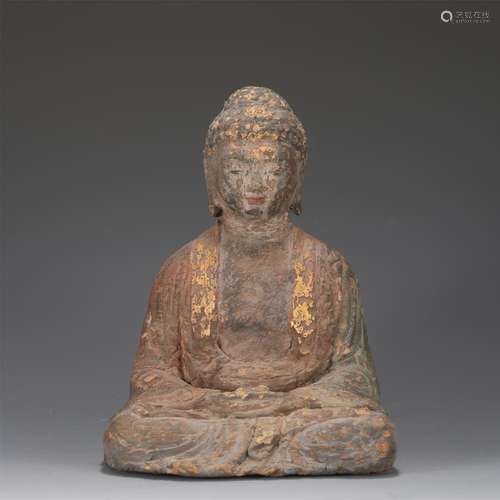 A CHINESE WOODEN FIGURE OR BUDDHA STATUE