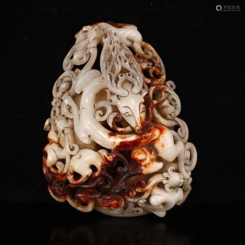 Openwork Vintage Hetian Jade Divine Beasts Statue