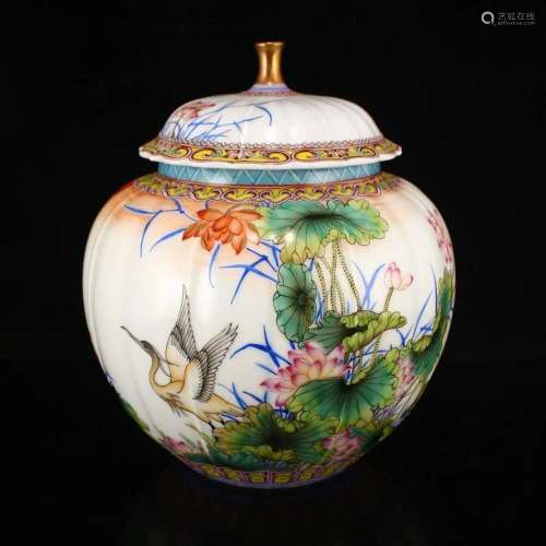Famille Rose Poetic Prose Lotus Flower Porcelain Jar