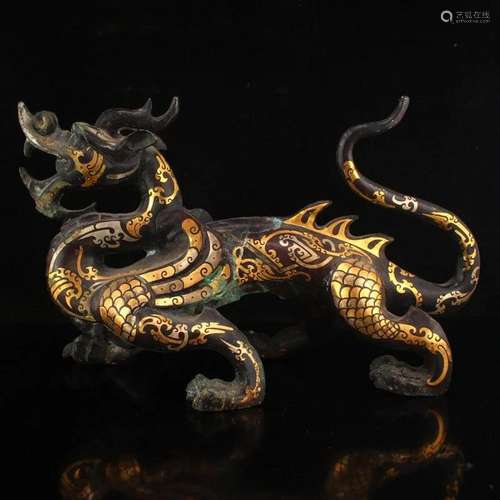 Superb Old Silver Gilt Gold Bronze Divine Beast Statue