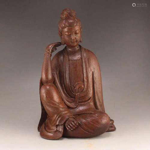 Chinese Qing Dy Bamboo Thinking Kwan-yin Statue