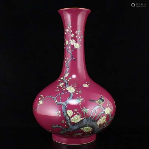 Famille Rose Magpie & Plum Flower Porcelain Vase