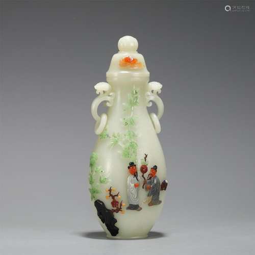 A CHINESE JADE INLAID GEMSTONES VIEWS VASE