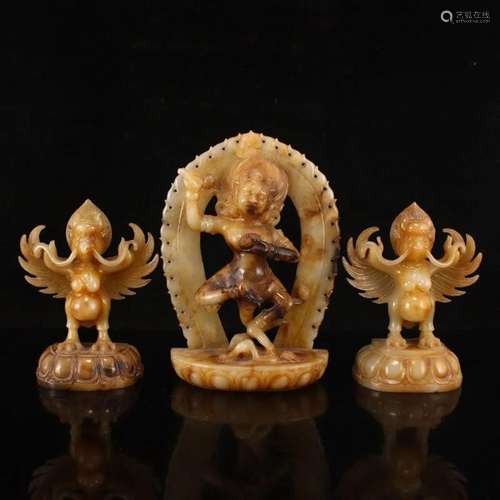 Superb Three Old Hetian Jade Buddhism Figure Statues