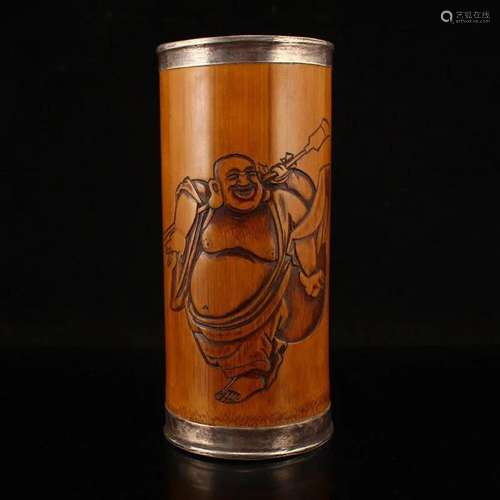 Bamboo Inlaly Silver Edge Laughing Buddha Brush Pot