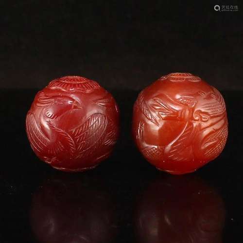 A Pair Vintage Chinese Red Agate Dragon Phoenix Balls