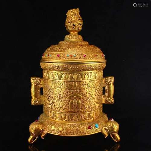 Chinese Gilt Gold Red Copper Inlay Gems Incense Burner