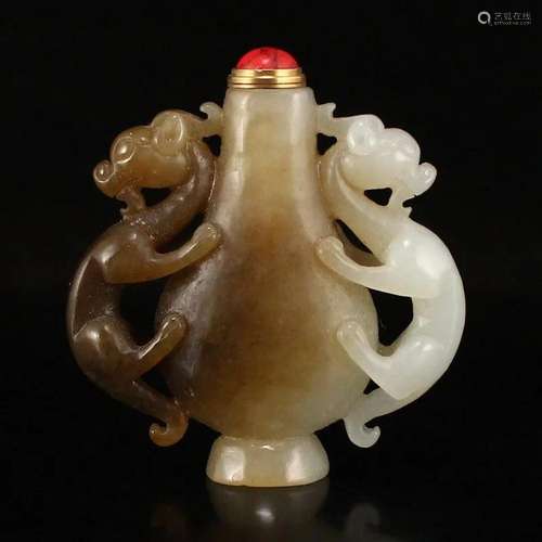 Chinese Hetian Jade Double Beast Ears Snuff Bottle