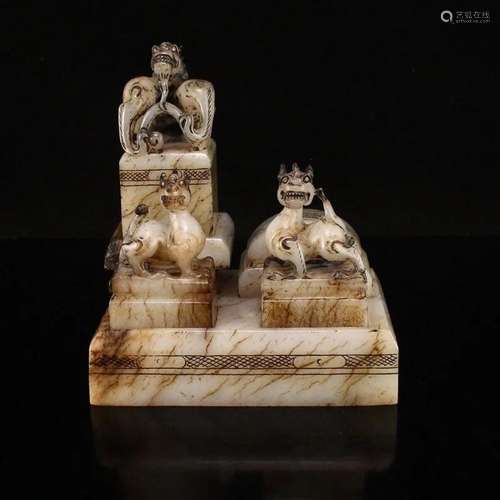 Superb Vintage Chinese Hetian Jade Divine Beast Seals