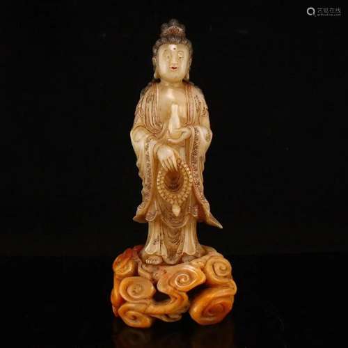 Qing Dy Shoushan Stone Kwan-yin Statue w Base