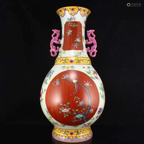 Famille Rose Poetic Prose Double Ear Porcelain Big Vase