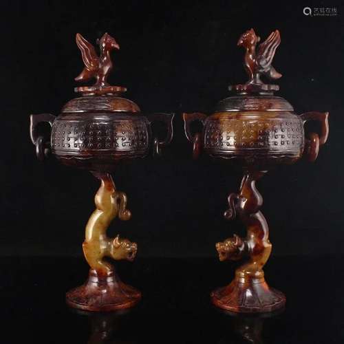 Pair Superb Old Chinese Hetian Jade Divine Beast Burner