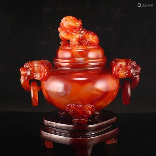 Chinese Natural Agate Lucky Lion Incense Burner