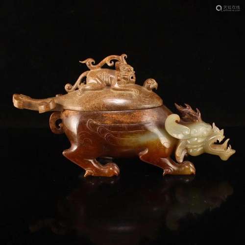 Superb Vintage Hetian Jade Divine Beast Burner w Lid