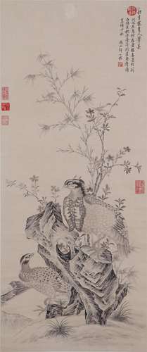 A CHINESE PAINTING OF BIRDS ON STONE