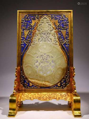 Qing Dynasty - Gilt Bronze Enamel Color White Jade