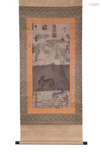 A CHINESE PAINTING OF DEERS AND PINE TREE