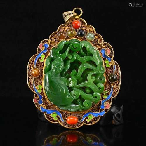 Gold Wire Enamel Inlay Green Hetian Jade & Gem Pendant