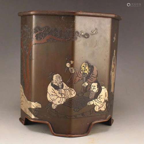 Chinese Red Copper Eight Taoism Deity Brush Pot