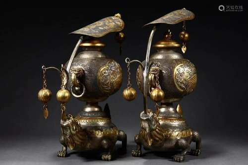 Gilt Bronze Dragon Turtle Wine Pot Pair