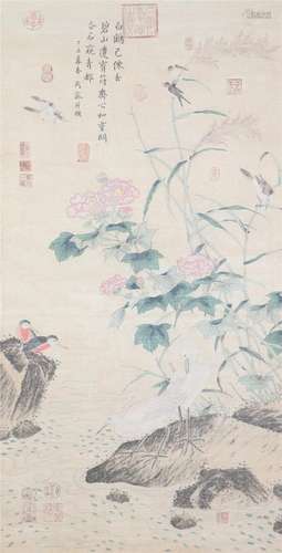 A CHINESE PAINTING OF FLOWERS AND BIRDS