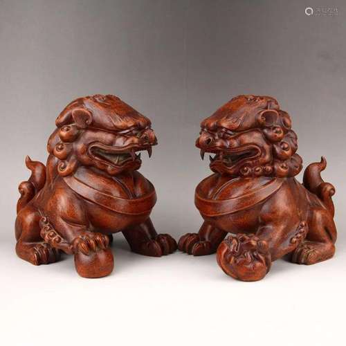 A Pair Vintage Yixing Zisha Clay Lucky Lion Statue