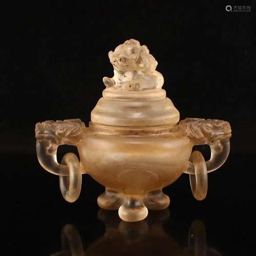 Chinese Crystal Double Rings Lucky Lion Incense Burner