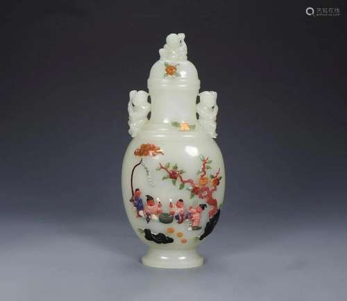 Hetian Jade 'Boy at Play' Gems Embedded Vase