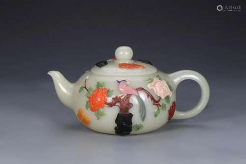 Hetian Jade Magpie & plum Gems Embedded Teapot