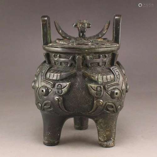 Chinese Bronze 3 Legs Double Ears Incense Burner - Ding