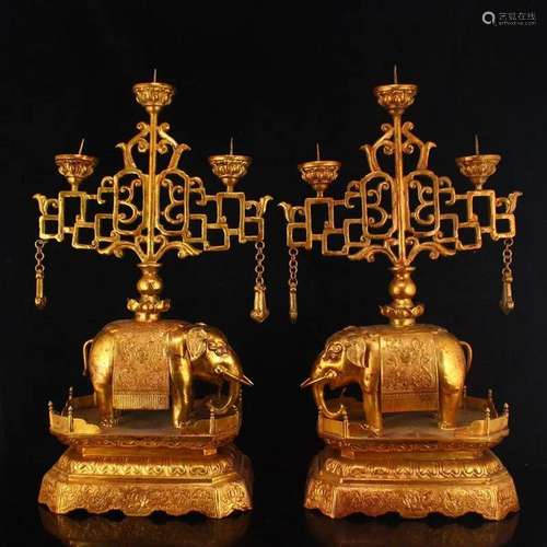 Pair Gilt Gold Red Copper Lucky Elephant Candlesticks