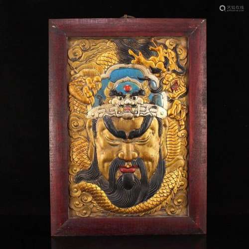 Chinese Gilt Gold Zitan Wood Guangong & Dragon Tangka