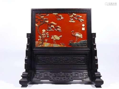 Qing Dynasty - Red Lacquer Gems Embedded 'Pine &Cran...