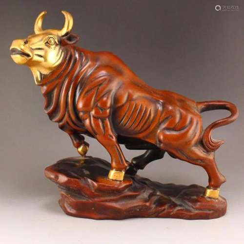 Vintage Chinese Gilt Gold Red Copper Fortune Ox Statue