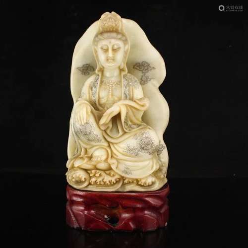 Vintage Chinese Shoushan Stone Ruyi Kwan-yin Statue