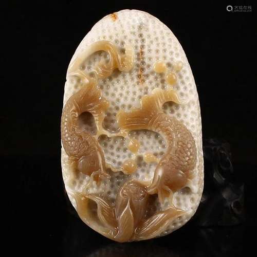 Chinese Hetian Jade Lotus Flower & Carp Pendant