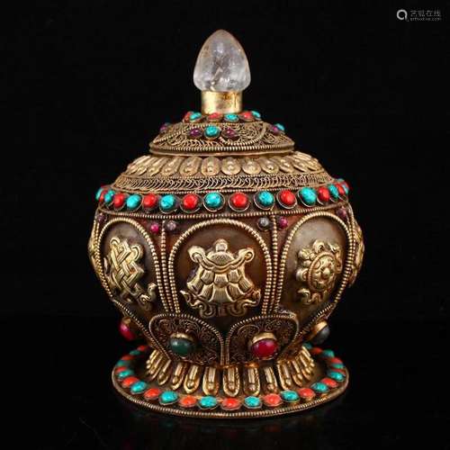 Vintage Tibetan Pure Silver Inlay Crystal & Gem Pot